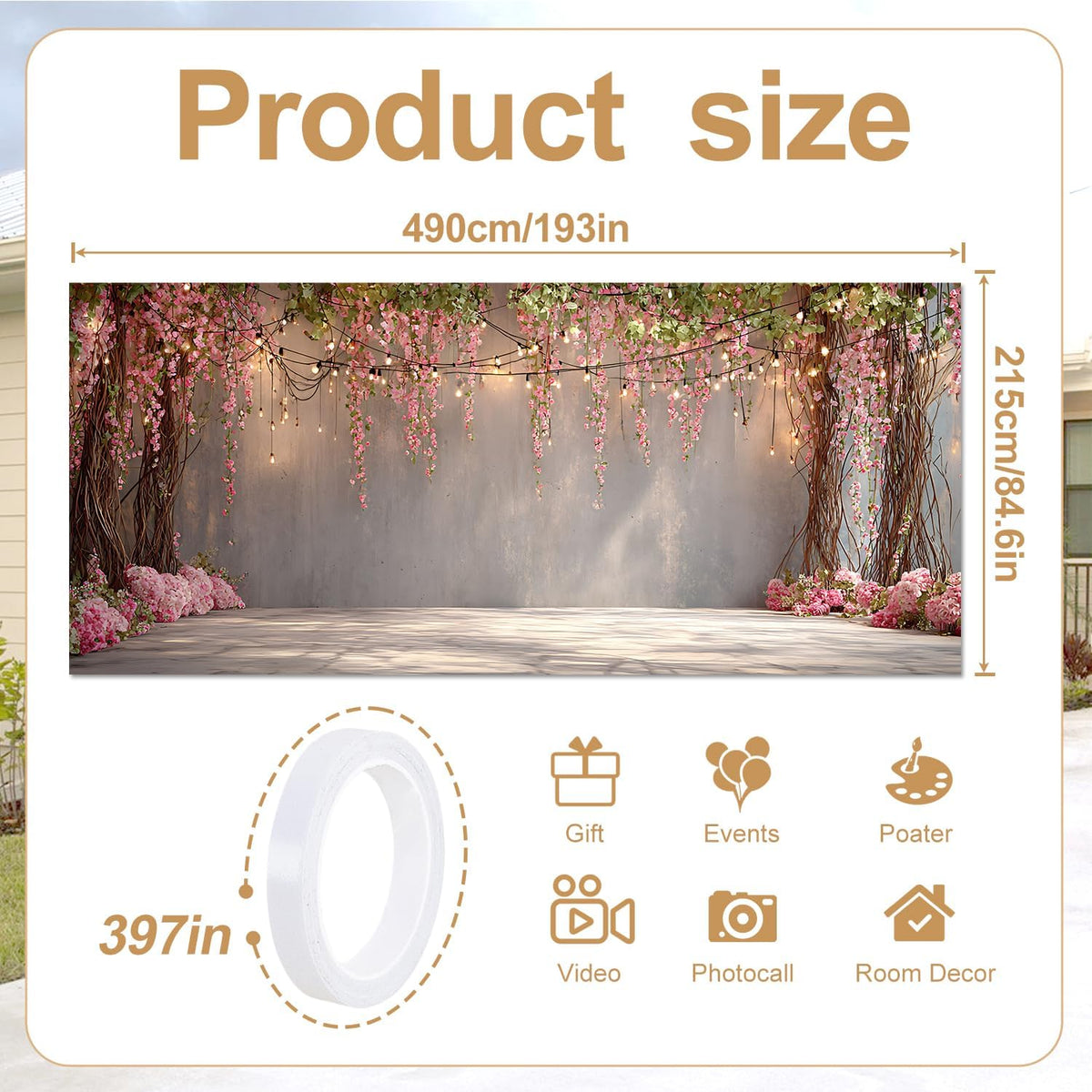 16x7Ft Romantic Pink Flower Vine Wall with Hanging Lights (148 / 7 x 16 ft)
