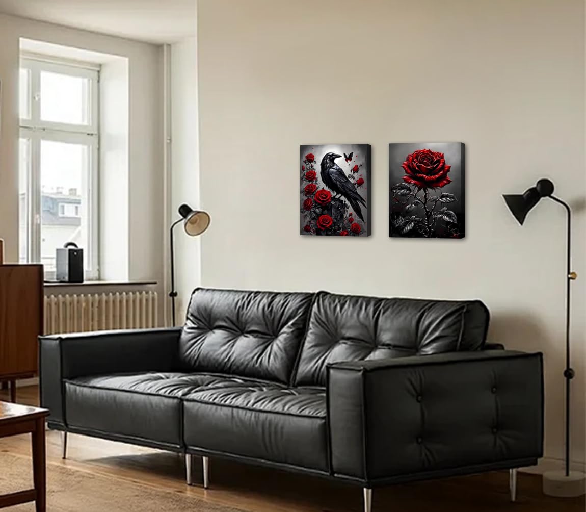 Framed Red Rose & Crow Wall Art 12x16 inch (Framed-Romantic Rose Floral Decor)