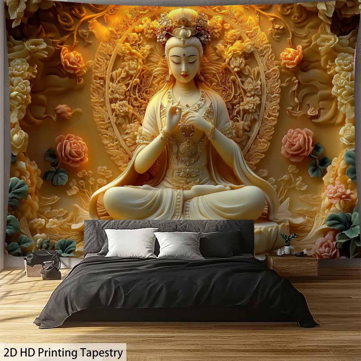 Sitting White Buddha Tapestry Wall Hanging Buddhist Statue With Flower Meditation Wall Decor Zen Art Psychedelic Indian Wall Blanket for Bedroom Living Room Home Decor (White / 59"L x 39"W)