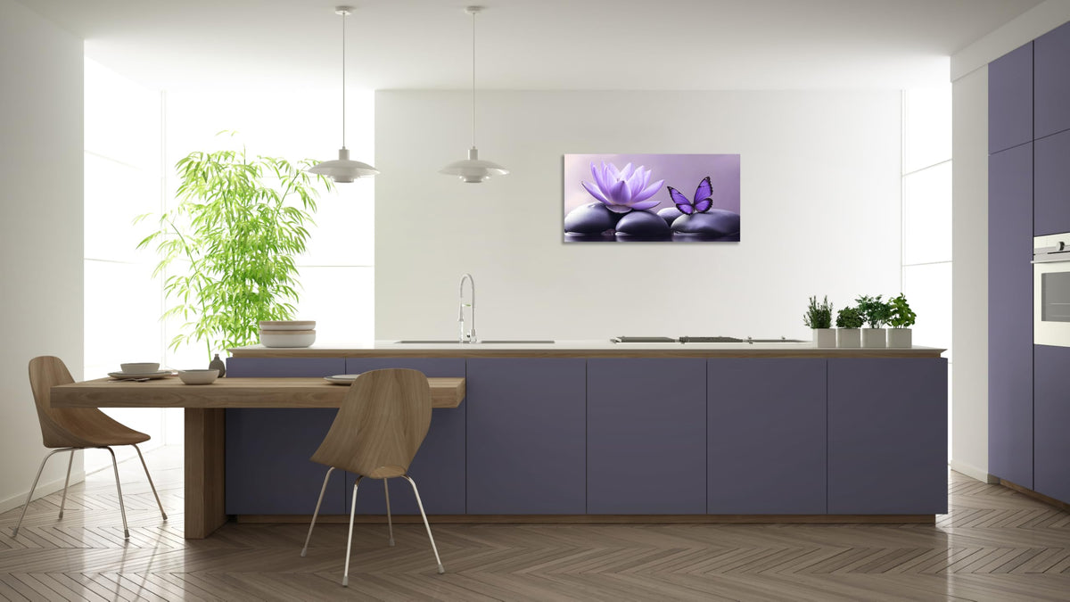 1 Panel Purple Canvas Wall Art Purple Pictures Spa Stone with Water Lily Butterfly on the Water Pictures Poster Zen Wall Art for Living Room Bedroom Ready to Hang (16"L x 8"W / Purple Zen 2)