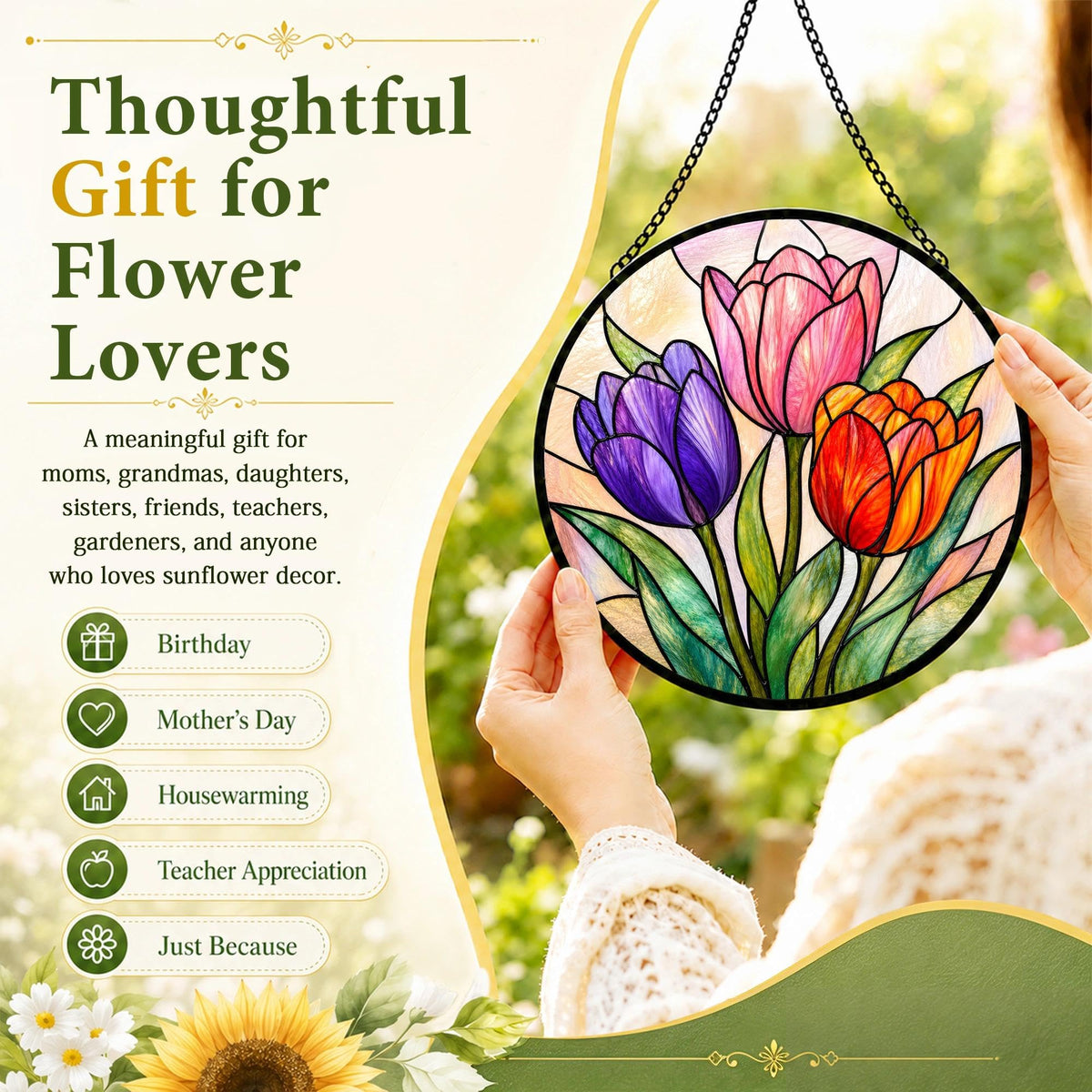 Tulip Gifts for Mom Grandma Suncatcher Stained Glass Window Hanging 6.3in (Tulip / 6.3 x 6.3 IN)