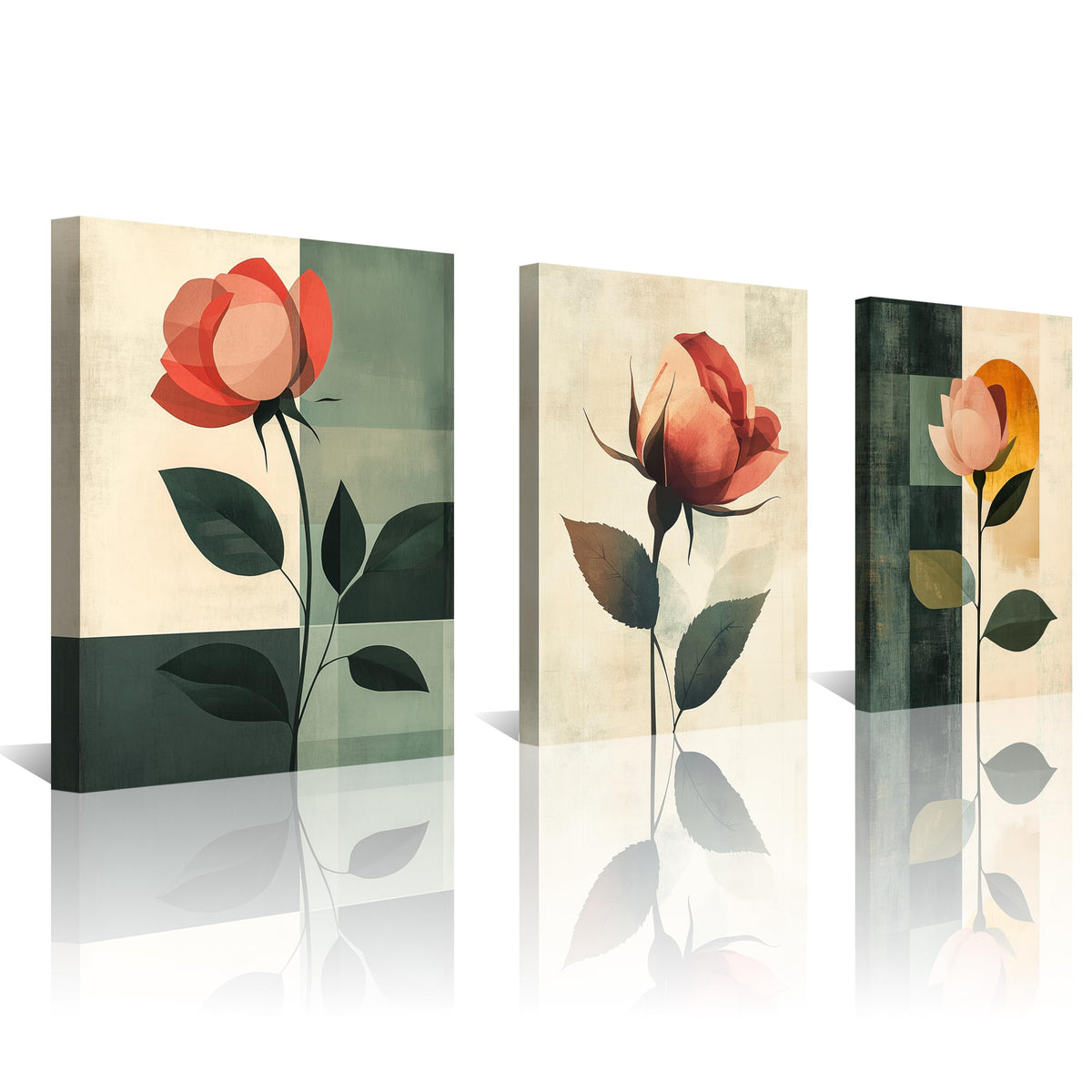 3Pcs Abstract Rose Wall Art Canvas Print Minimalist Floral Painting Modern Geometric Red Flower Botanical Artwork Mid Century Style Home Decor Green Teal Beige Decor for Living Room Bedroom (12 x 16 inches (3-Piece Set) / Geometric Rose)
