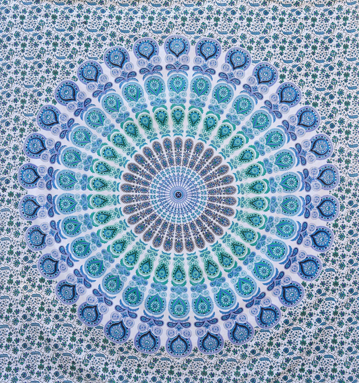 Tapestry Wall Hanging Hippie Mandala Bohemian Psychedelic Hippy Intricate Floral Design Indian Tapestries Bedspread 84 x 90 Inches (90"L x 84"W / Teal and Blue on White)