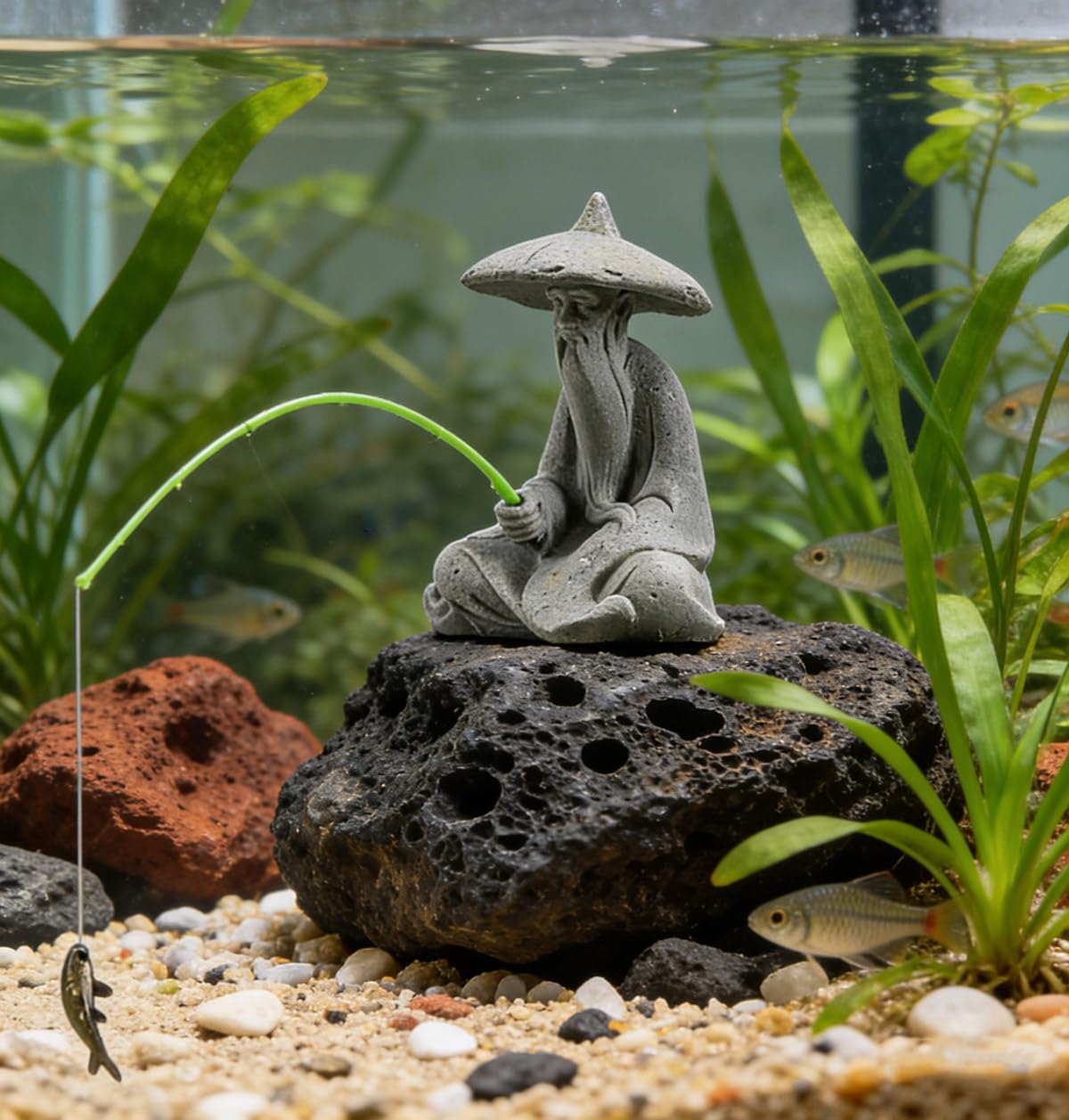 Mini Fisherman Statue Asian Zen Decoration Sitting Fishing Figurines Sandstone Vintage Ornament for Aquarium Fish Tank Pot Garden Home Japanese Decor (D2)