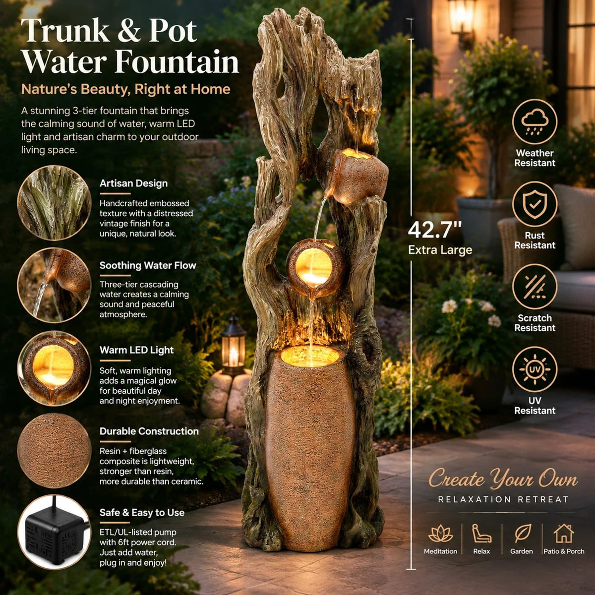 42.7" 3 Tier Outdoor Water Fountain LED Tree Trunk Jar Waterfall (43"h Weathered Trunk)