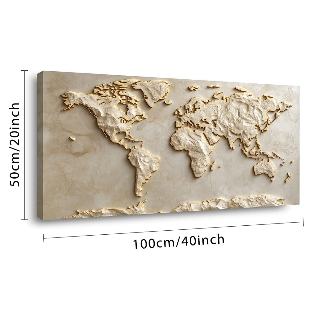 Light Gold World Map Wall Art for Living Room Office Relief (Contemporary / Light Gold World Map Wall Art / 40"L x 20"W)