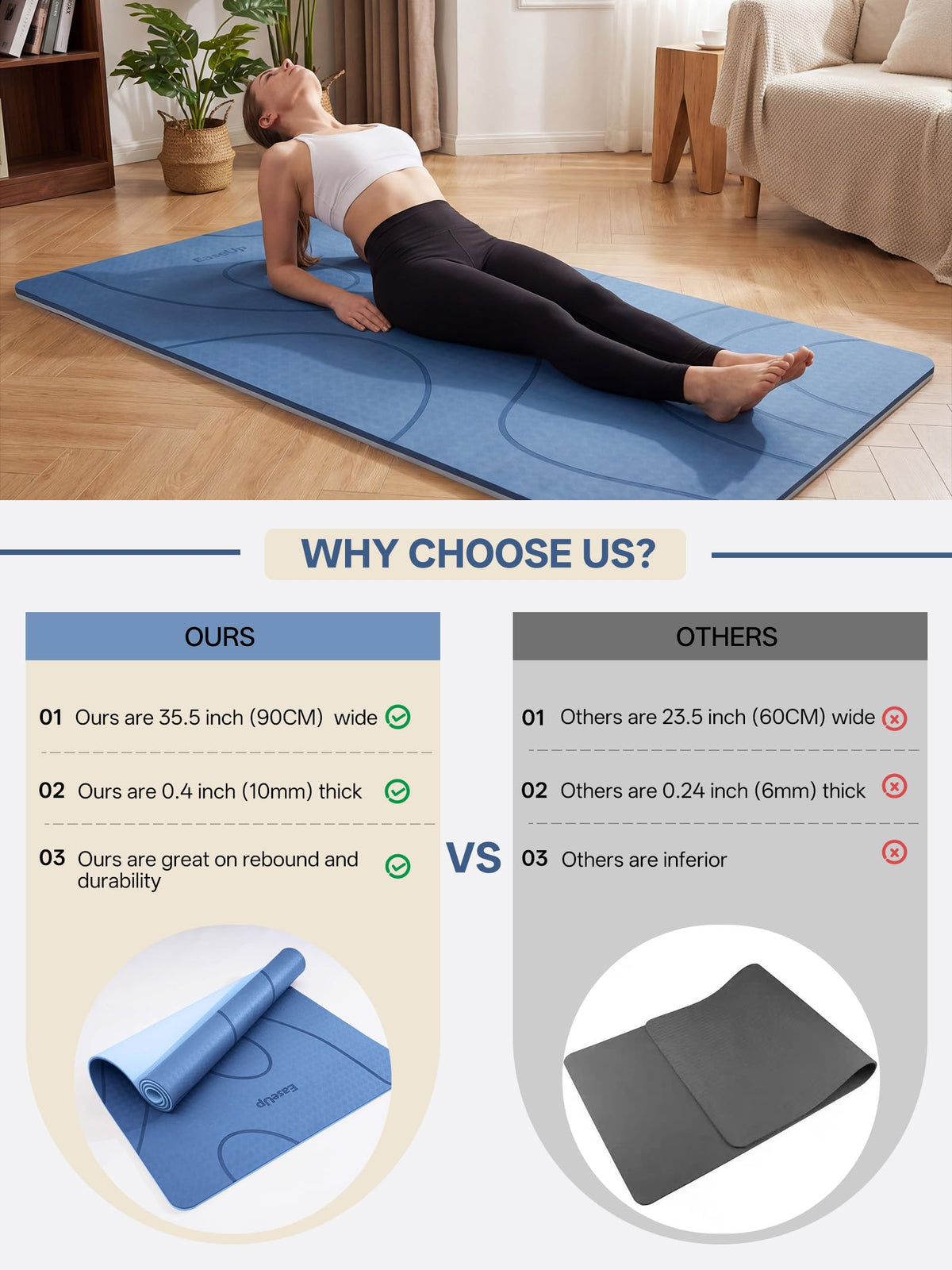 Large Yoga Mat 73x35.5x0.4" (Blue/sky blue)