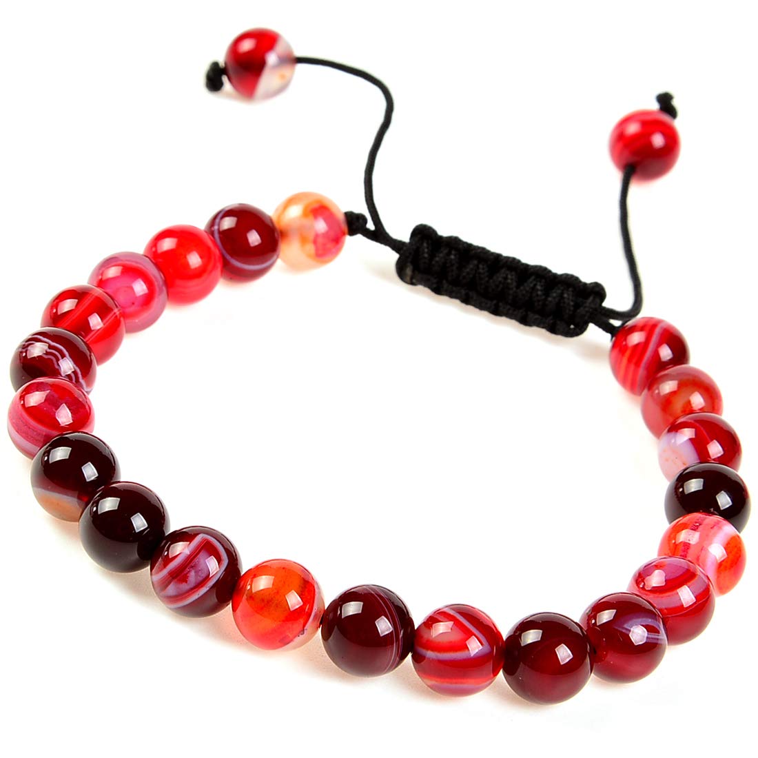 Natural Healing Power Gemstone Crystal Beads Unisex Adjustable Macrame Bracelets 8mm (Agate Red / 8mm)