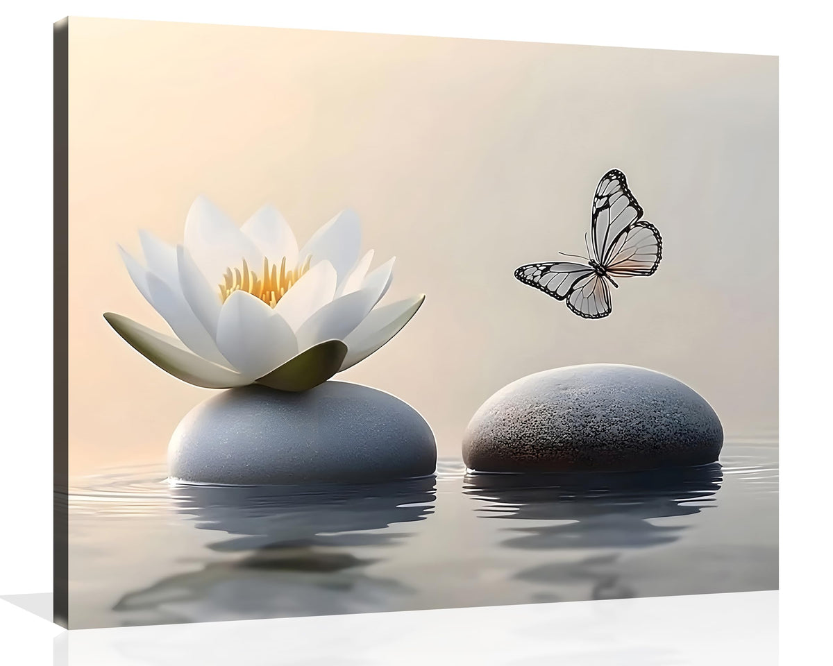 Lotus Canvas Wall Art Butterfly Zen Wall Art Lotus and Butterfly on Lake Pictures Large Zen Prints Lotus Flower Painting for Yoga Spa Spirit Meditation Room Wall Decor Framed 16X20 inch (20"L x 16"W / Zen Lotus 02)