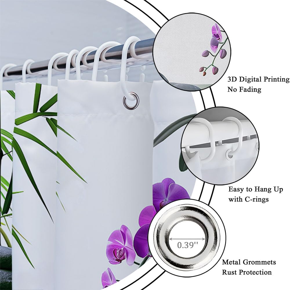 Zen Garden Shower Curtain Green Bamboo Spa Stone Lotus Purple Orchid Flower Nature Japanese Relax Fabric Bathroom Decor Curtain Sets with Hooks (Green Purple / 35"Wx70"H)