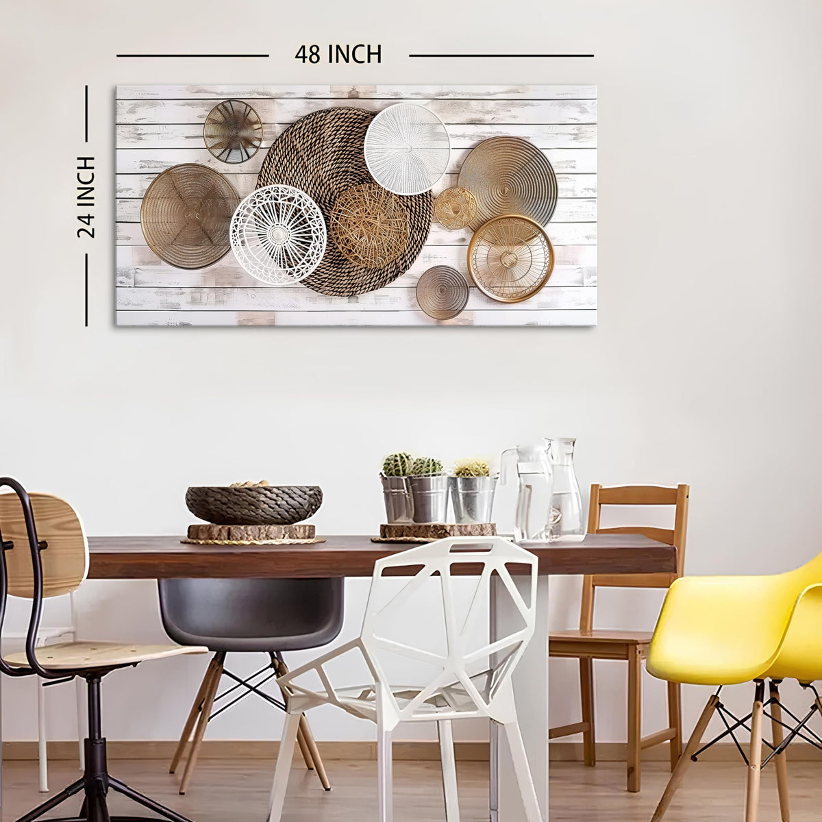 Boho Abstract Canvas Wall Art for Kitchen Picture for Dining Room Rustic Neutral Geometric Basket Painting Wall Decor Farmhouse Prints Minimalist Poster Artwork Home Bedroom Decorations 24x48” (48"x24"x1 / ABSTRACT02)
