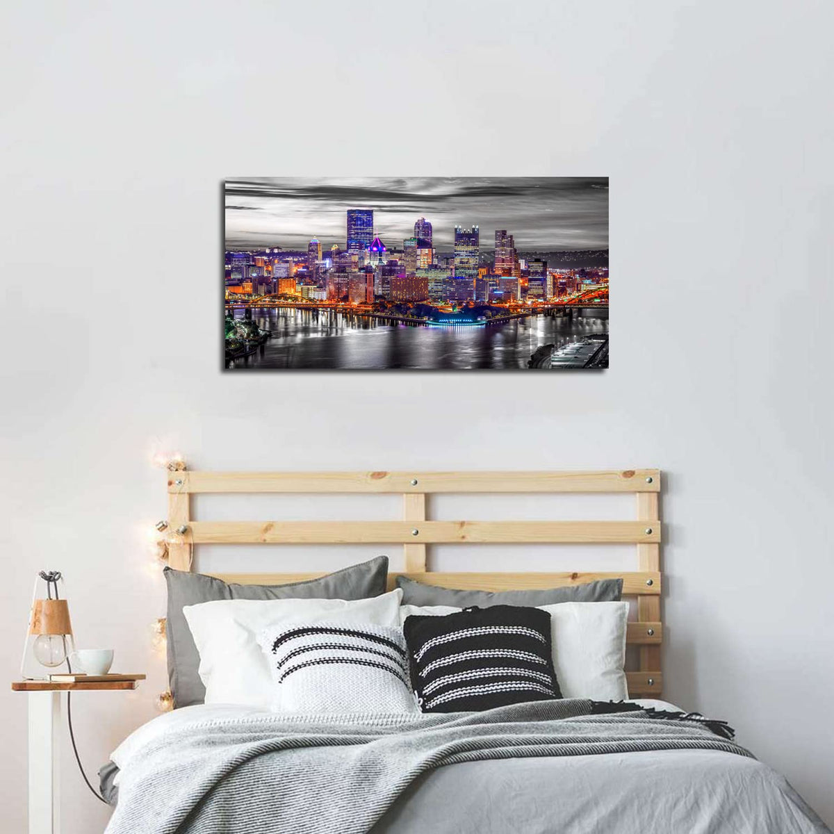 Pittsburgh Wall Art Living Room Decorations Black and White City Skyline Picture Modern Office Wall Decor Pennsylvania Nightscape Panoramic Canvas Prints Cityscape Painting Skyscraper Artwork 20x40" (40"L x 20"W / Pittsburgh)