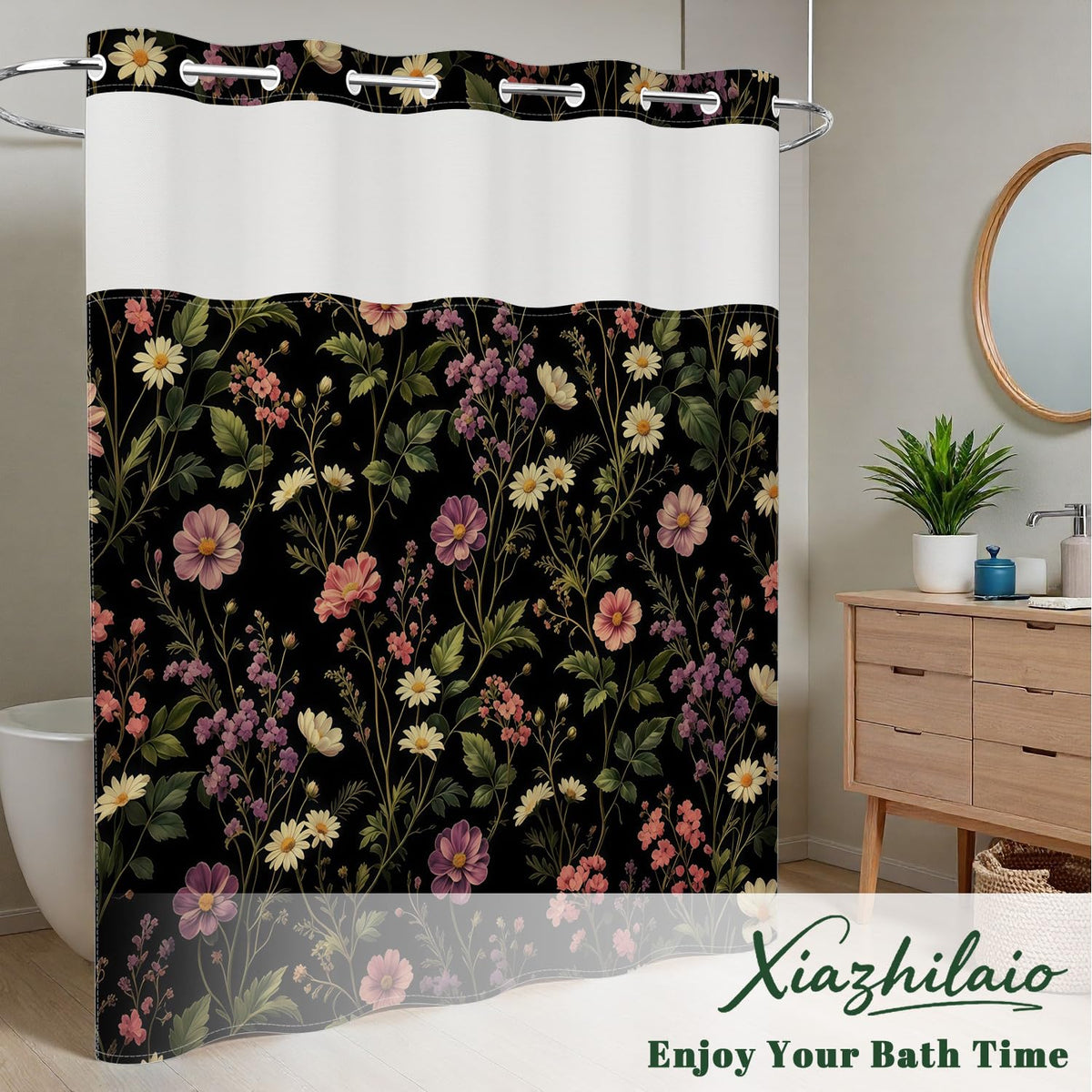 Dark Botanical & Flower Shower Curtain with Snap in Liner Set (Dark Floral-b)