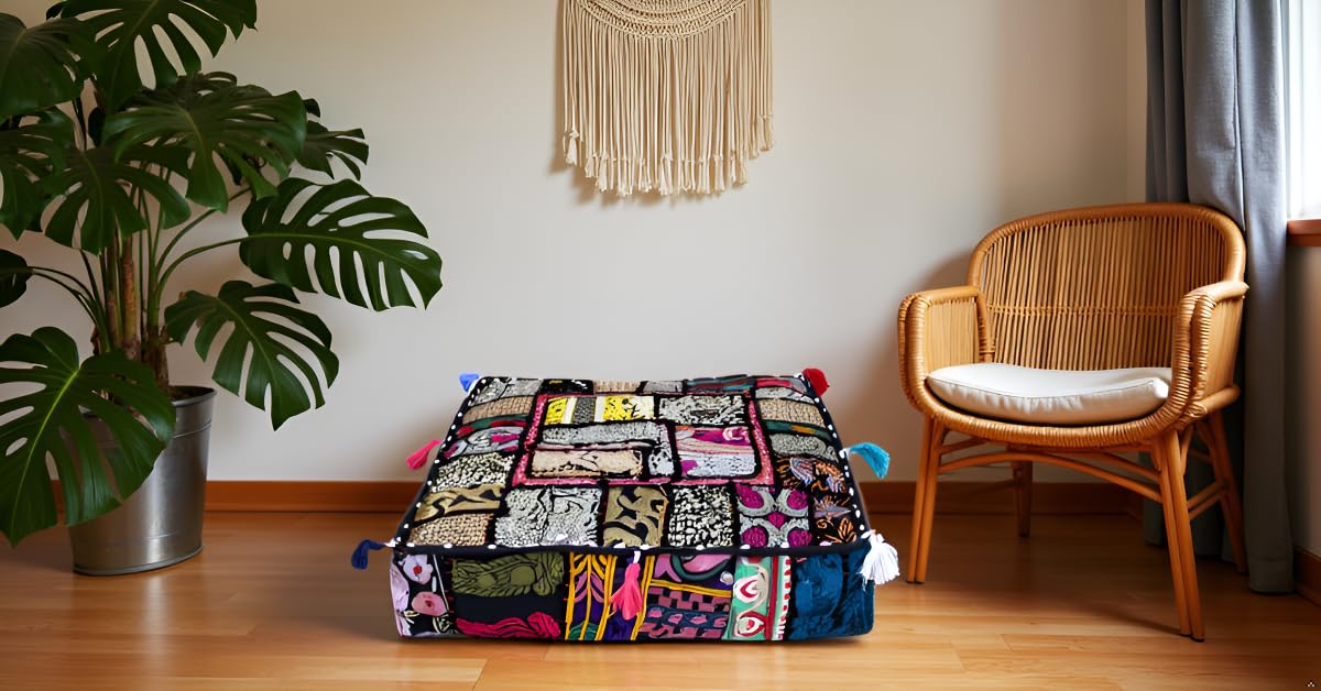 CK Handmade Black Patchwork Pouf Cover 22x22x5 Inch Square Ottoman Cover Embroidered Cotton Floor Cushion Cover Decorative Footstool Cover Boho Indian Pouf Case for Living Room Bedroom (22"D x 22"W x 5"H / Black)