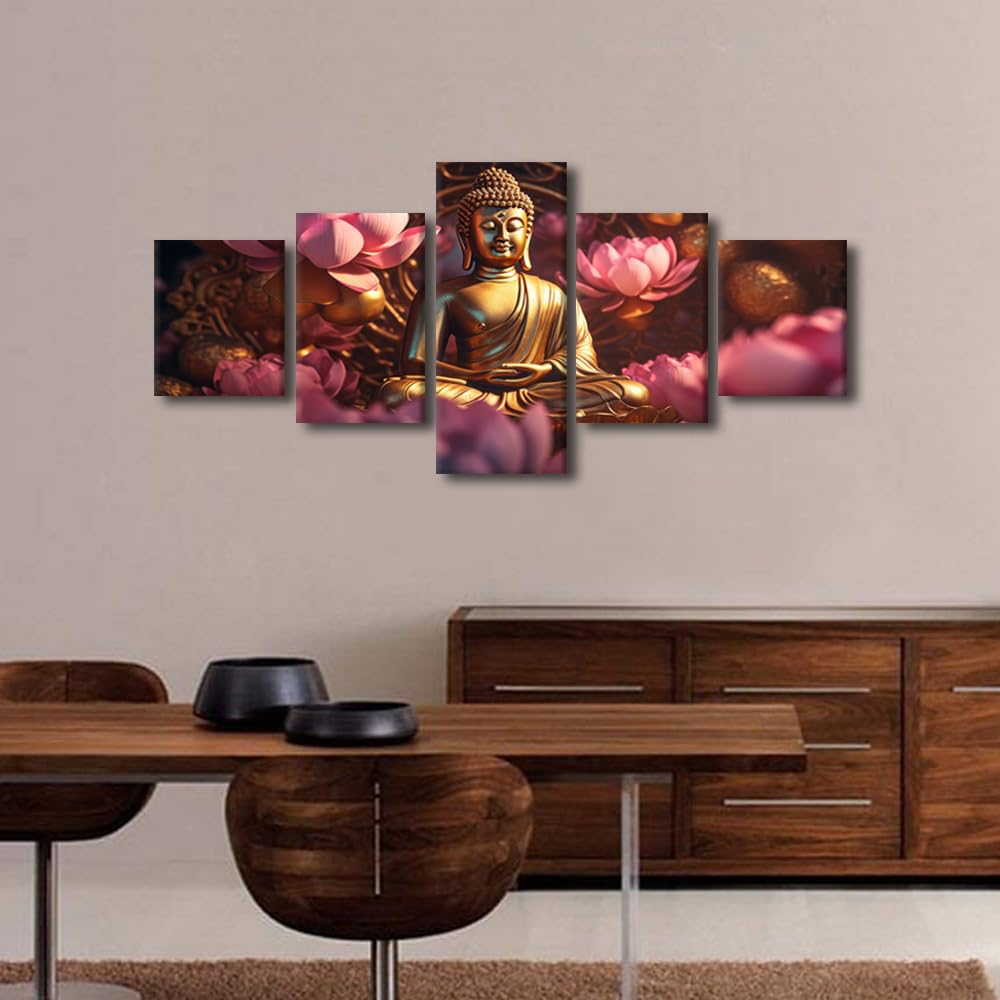 Canvas Wall Art for Living Room Decor 5 Panel Buddha Poster Prints Modern Golden Buddha Flowers Picture Printing for Zen Believers Bedroom Home Wall Decor Stretched and Framed Ready to Hang 50x24 in (50x24 in / 5PANEL-19)