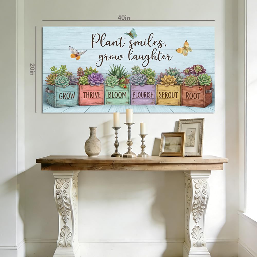 Rustic Succulent Canvas Wall Art Colorful Faux Wood Planter Box Painting Flat Print Gallery Wrapped Botanical Artwork for Living Room Bedroom Bathroom Decor (Bohemian / Yellow Succulent Garden 14 / 46"L x 23"W)