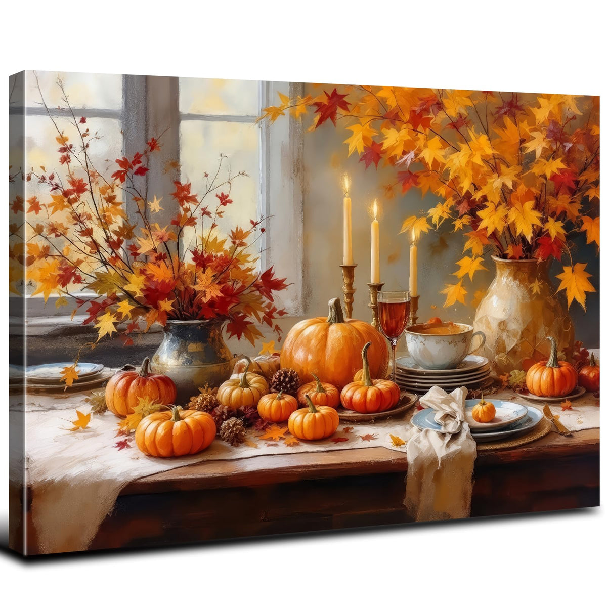 Farmhouse Kitchen Decor Pumpkin Wall Decor Maple Leaves Painting Orange Pumpkin Canvas Prints Rustic Fall Harvest Themed Pictures Still Life Artwork for Bedroom Dining Room Home Decoration 16x24" (24"L x 16"W / Pumpkin)