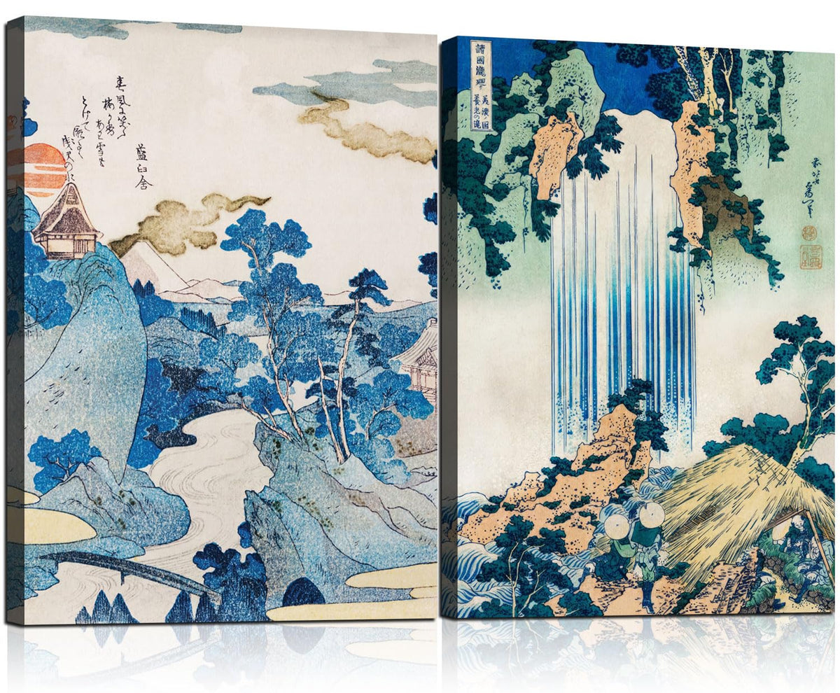 2 Pcs Japanese Landscape Waterfall Wall Art Ukiyo (Blue Landscape / 24"L x 16"W)