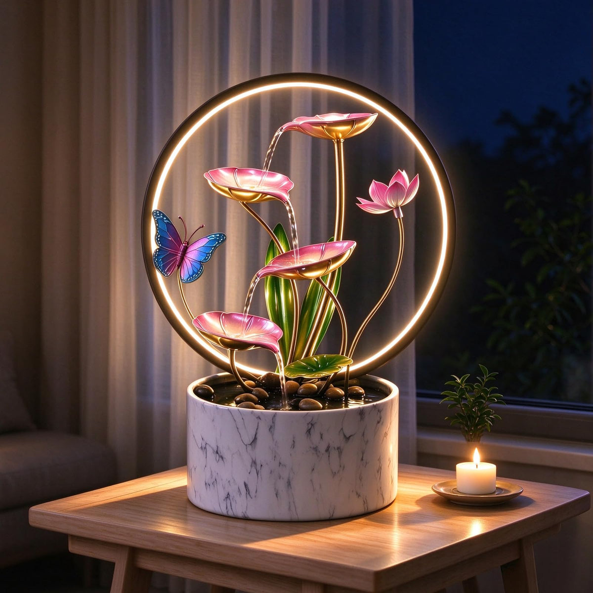 15 Inch H Tabletop Zen Water Fountain with LED Light (Pink Butterfly)
