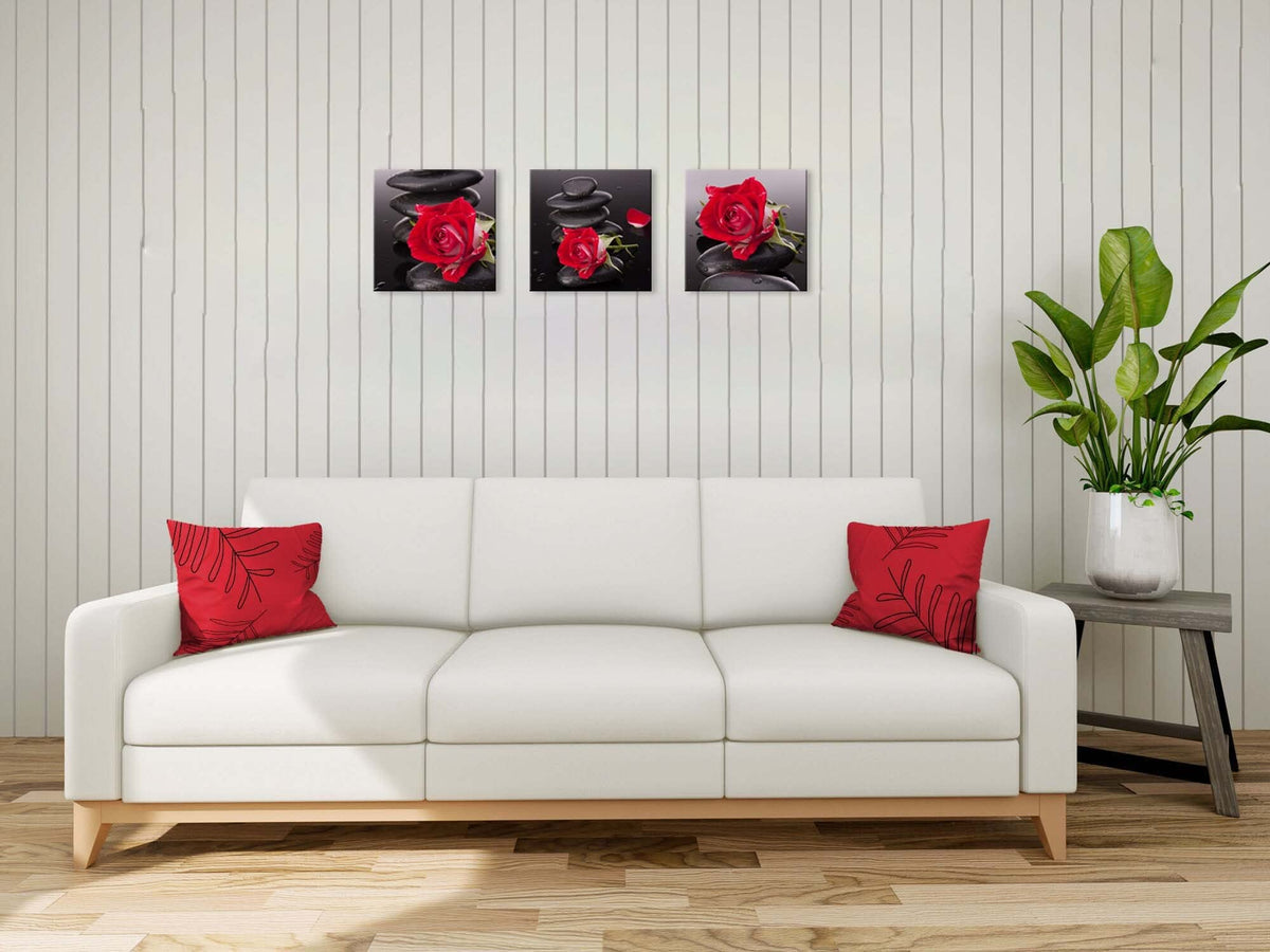 Red Canvas Wall Art Bedroom Wall Decor Black and White Zen Stones Spa Wall Art Rose Pictures for Living Room Kitchen Home Decorations Red Bathroom Accessories Flower Paintings Room Artwork (16 x 16 inches (3-Piece Set) / Rose & Zen Stone)