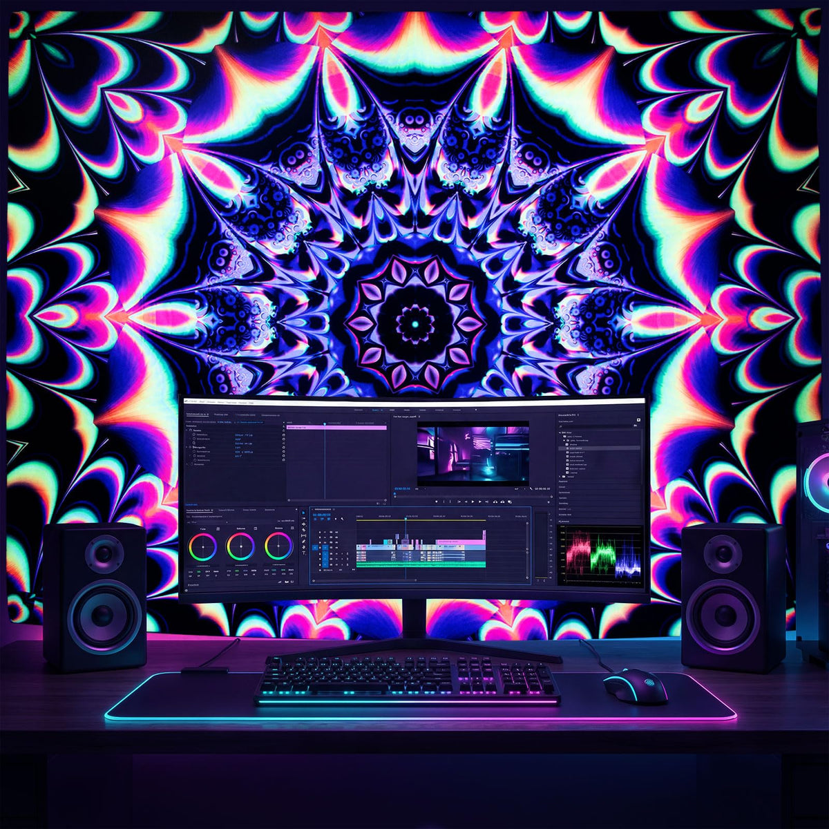 Blacklight Trippy Mandala Tapestry (Mandala Tapestry Red / 59"L x 51"W)