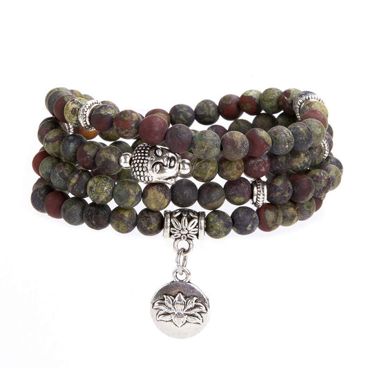 108 Mala Beads Necklace Beaded Wrap Bracelets Genuine Gemstone Mala Prayer Beads Lotus Charm Yoga Meditation Necklace (Bloodstone-Lotus OM-Buddha)