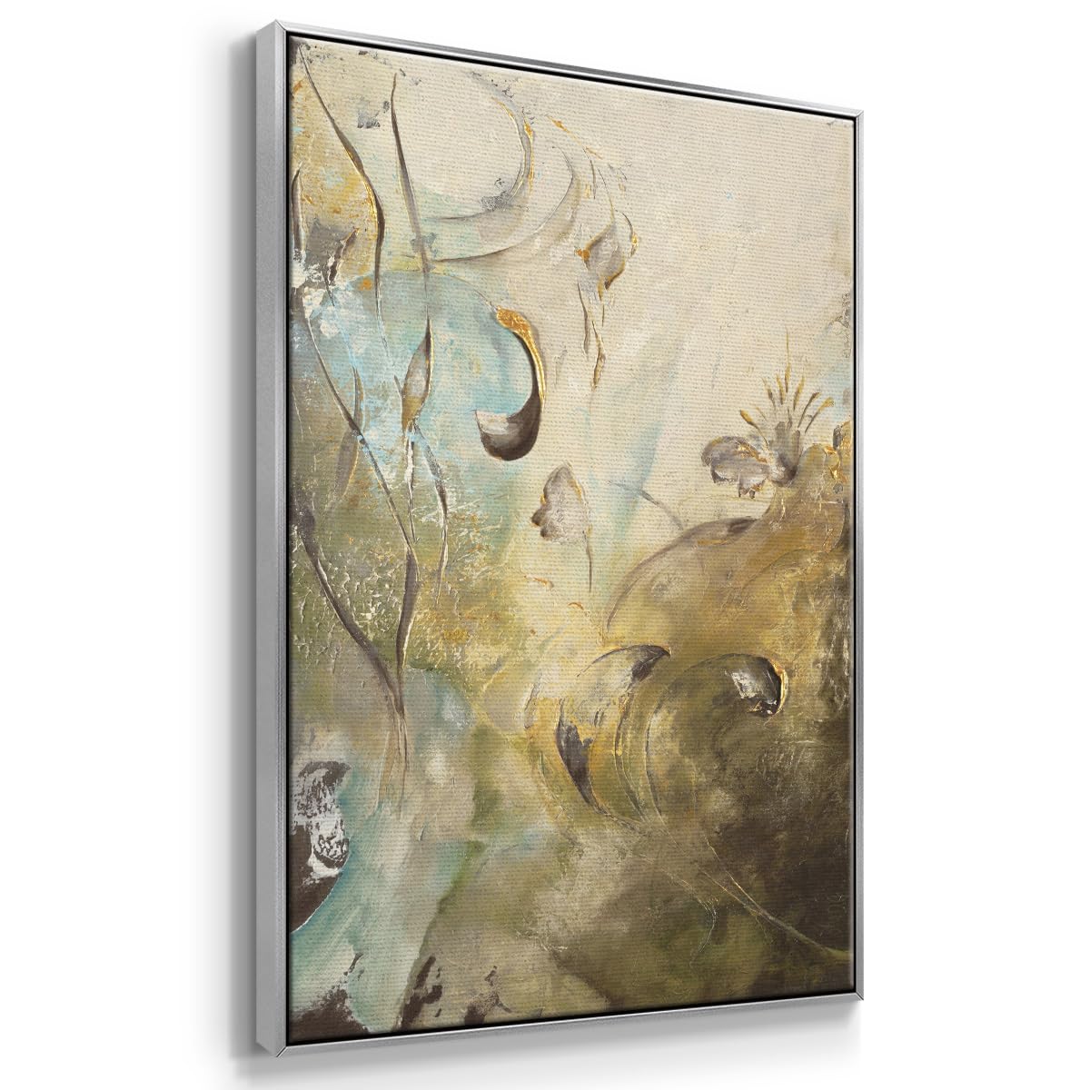 Nature Wall Art Silver Floating Frame Paintings Modern Enchanted Garden Foliage Abstract Hanging Artwork Home Prints for Bedroom Office Kitchen (25"L x 17"W / Enchanted Garden II)