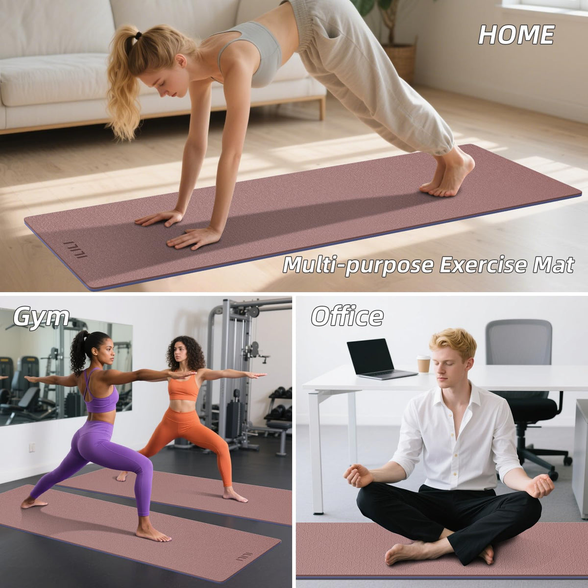 Yoga Mat 10mm Extra Thick and 193cm Extra Long (Dark Pink+Dark Grey)