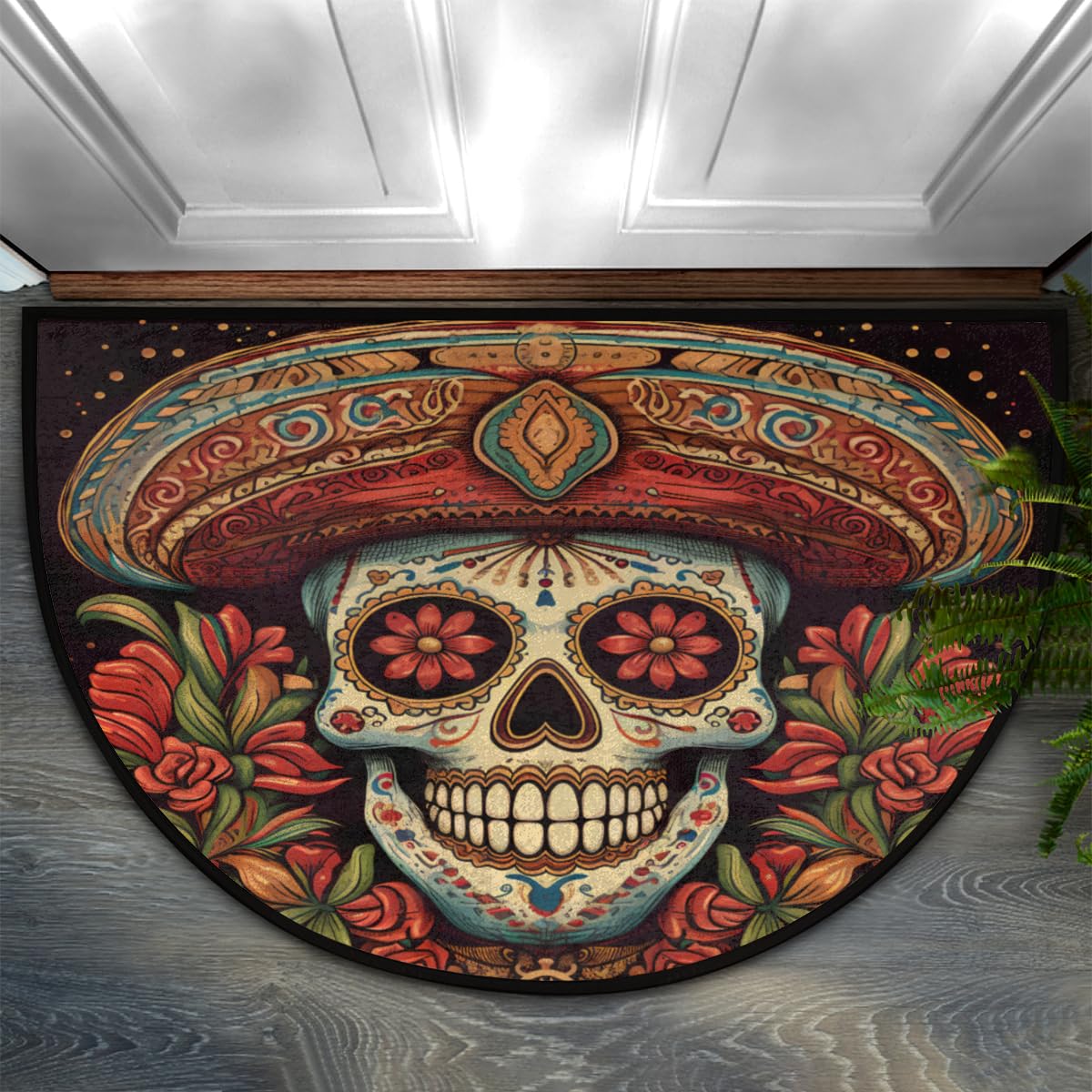 Skull Half Round Doormat Non Slip Half Moon Rug Outdoor Welcome Mat (B 007)