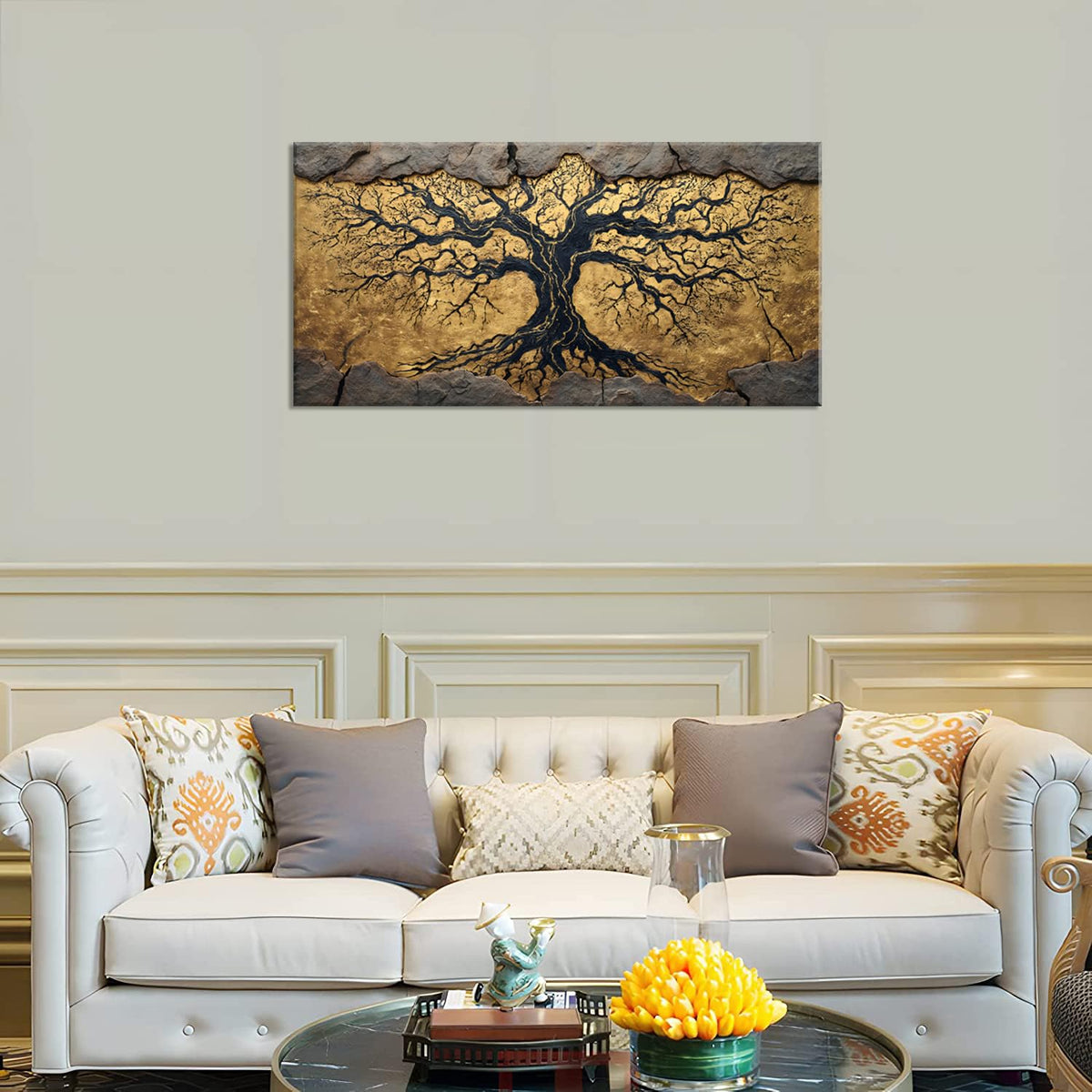 Ancient Relief of the Tree Wall Art for Living Room Office Gothic Rock Border Black Gold Tree of Life Painting Prints Mysterious Canvas Artwork Dining Bedroom Decor Extra Large (Abstract / Ancient Relief Tree of Life Wall Art / 58"L x 28"W)