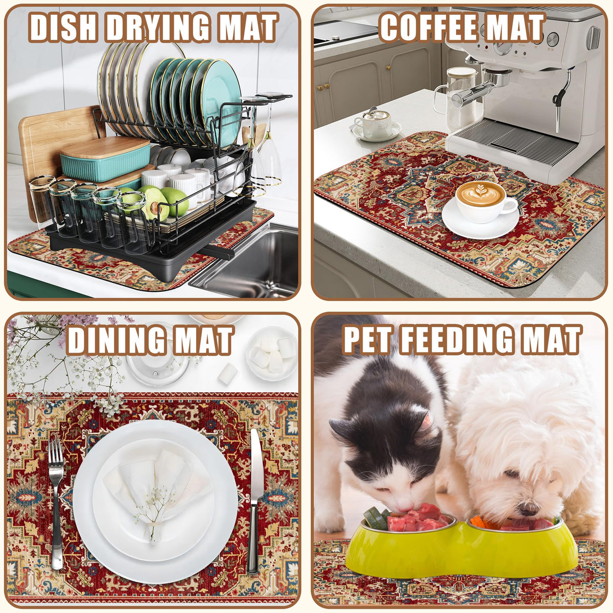 Boho Dish Drying Mat Persian Tribal Coffee Bar Mat for Countertop Absorbent Rubber Backed Hide Stain Dish Drainer Rack Pad Espresso Machine Coffee Pot Dining Room Decoration 15.7 x 23.6 Inch (15.7" x 23.6")