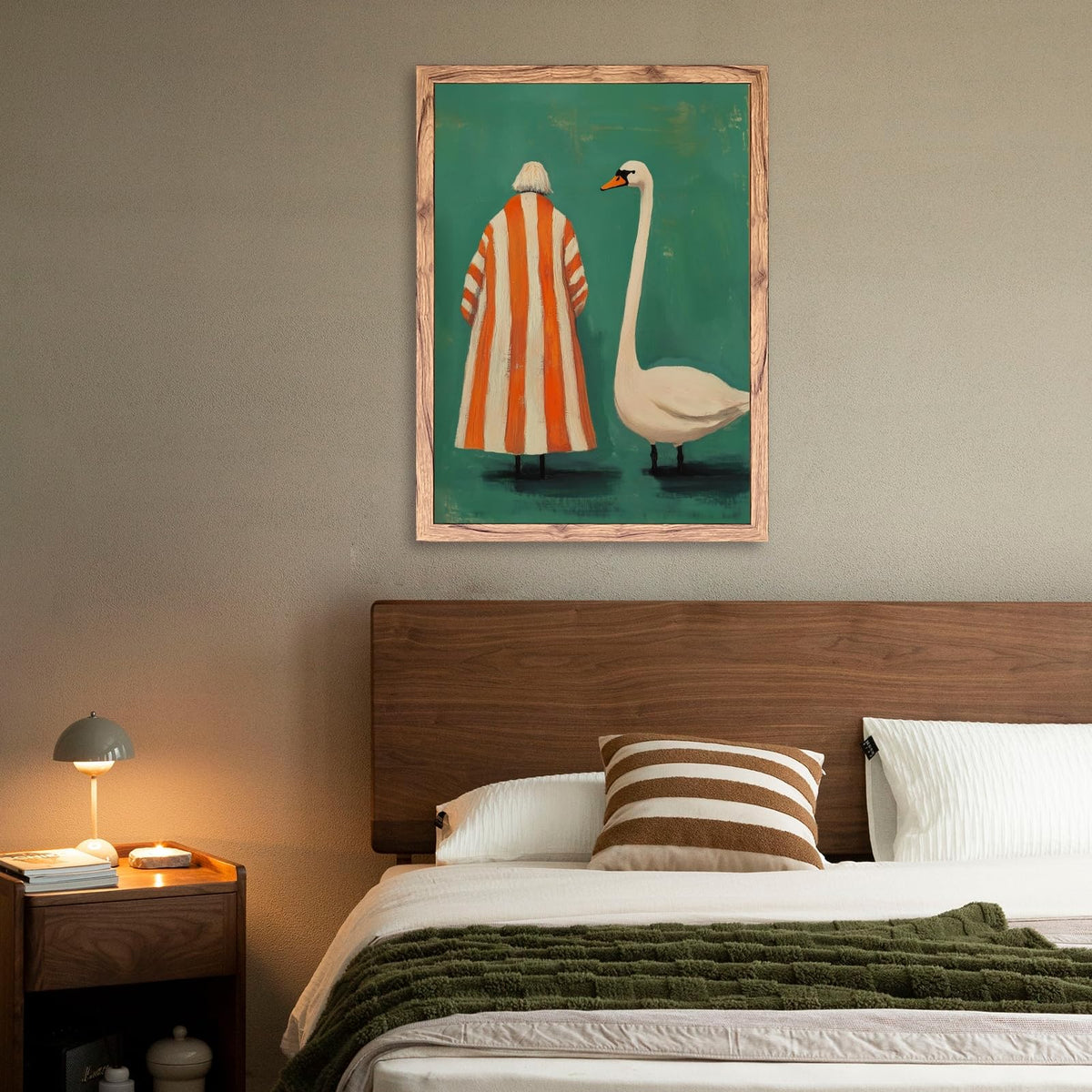 Wood Frame Whimsical Swan Wall Art Surreal Woman Bird Canvas Print Artwork Vintage Green Orange Painting Quirky Animal Decor Poster Eclectic Wall Decor Pictures for Living Room Bedroom 12x16inch (12"L x 16"W / style-4 Wood Framed)