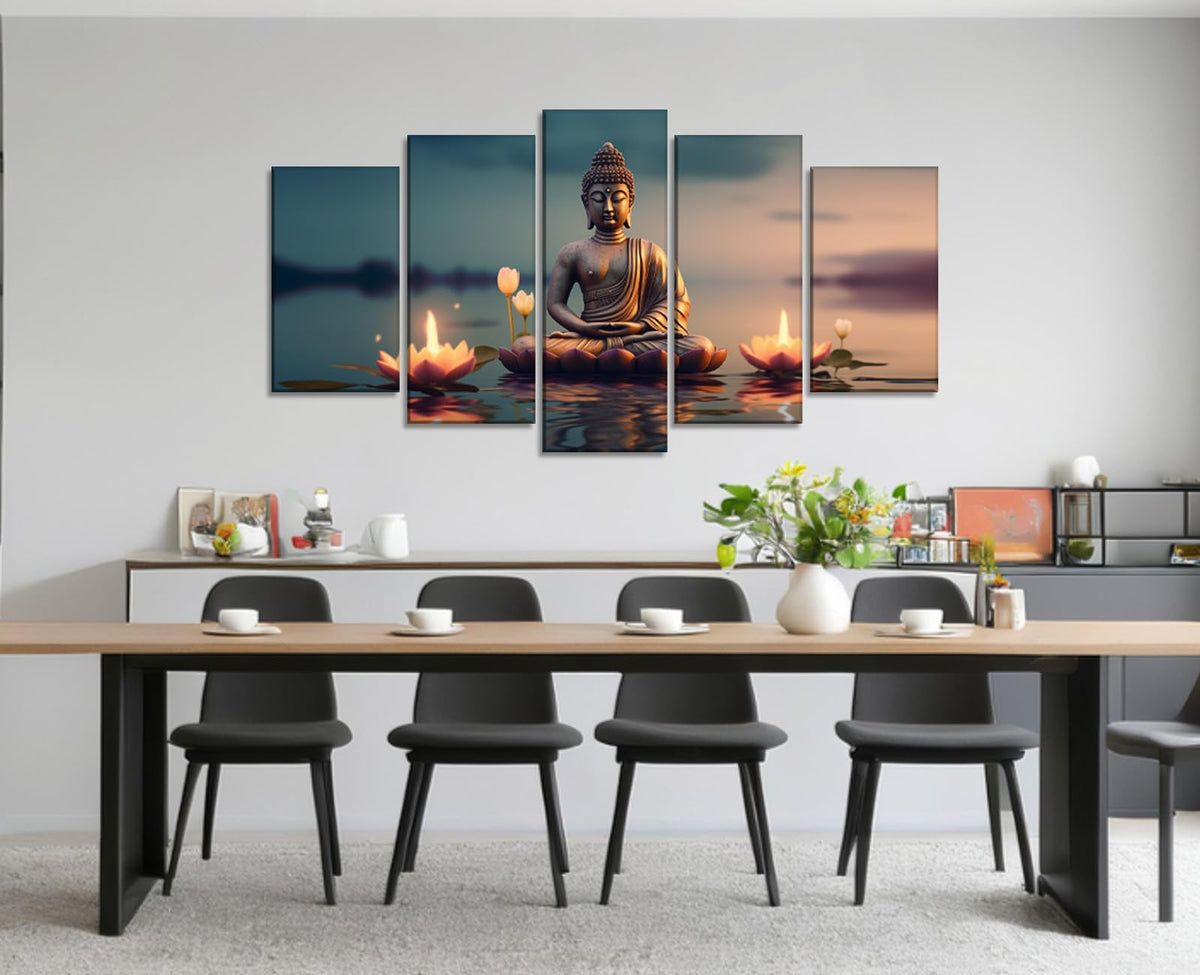 Buddha Wall Art 5 Piece Zen Wall Decor Canvas Prints Lotus on Water Picture Meditation Painting for Yoga Spa Spiritual Room Home Decor Framed (60x32 inch / Picture-6)