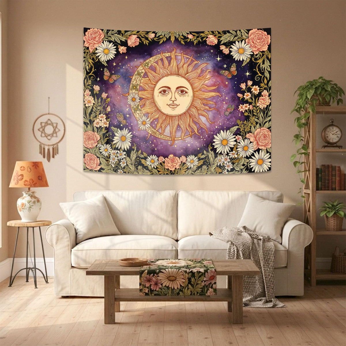 Vintage Sun and Moon Boho Purple Daisy Floral Tapestry 60 x 44 Inch (Purple Sun Rose / 60"L x 44"W)