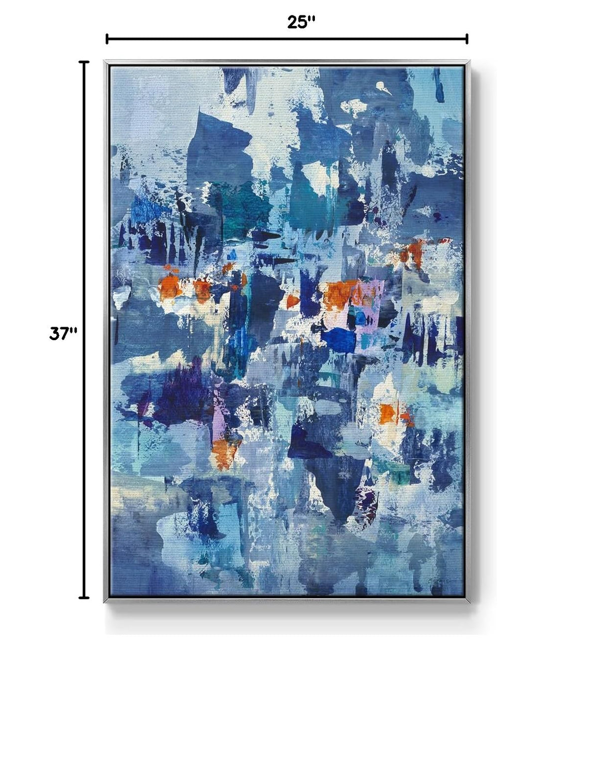 Canvas Art Silver Floater Framed Prints Rustic Teal Blue Brushstrokes Splash Abstract Wall Decorations for Kitchen Hotel Restaurants Walls (37"L x 25"W / Reticent III)