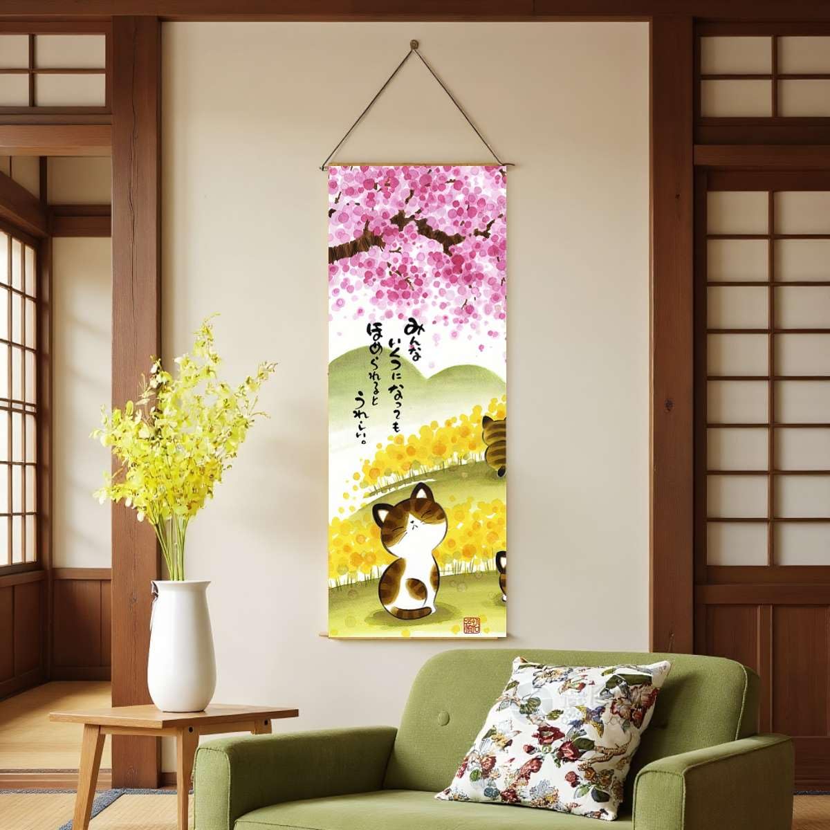 Japanese Scroll Wall Art Decorations Thin Tapestry Asian Room Decort Hanging Scroll for Living Room (Sakura and Cat)