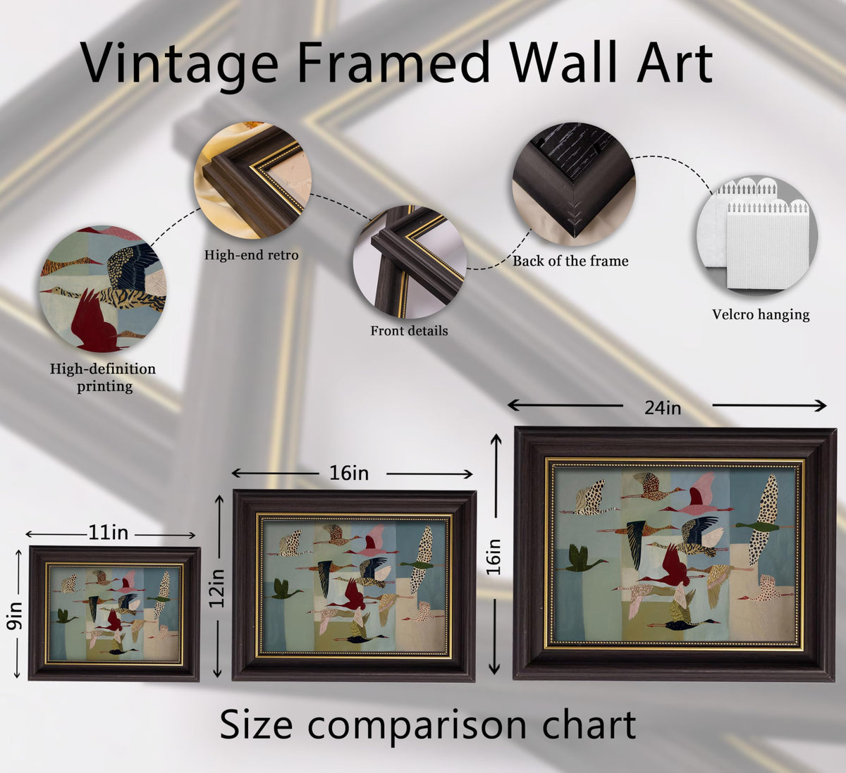 Vintage Birds Framed Wall Art (Crane / 16"L x 12"W)