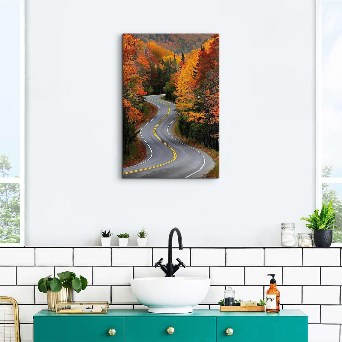 Nature Mountain Wall Art Red Forest Wall Art National Park Posters Prints Orange Forest Trees Landscape Pictures Country Road Scenic Paintings Artwork for Bedroom Kitchen Home Decoration 16x24 (24"L x 16"W / Fall Road)