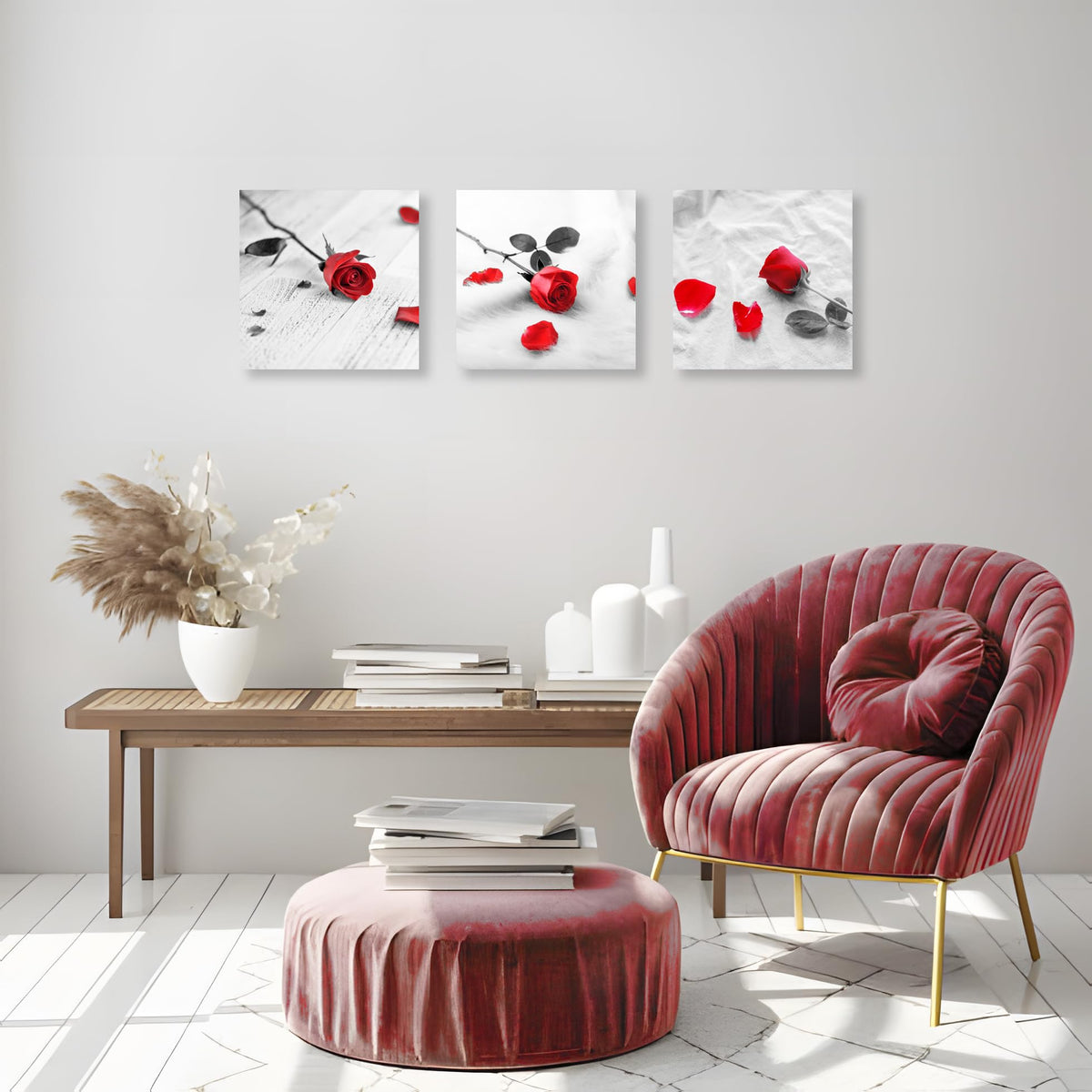 3 Pcs Modern Canvas Painting Black and White Red Rose Canvas Art Painting Abstract Wall Art Decorations Flower Picture on Canvas for Home Decor (16 x 16 inches (3-Piece Set) / C-Rose)