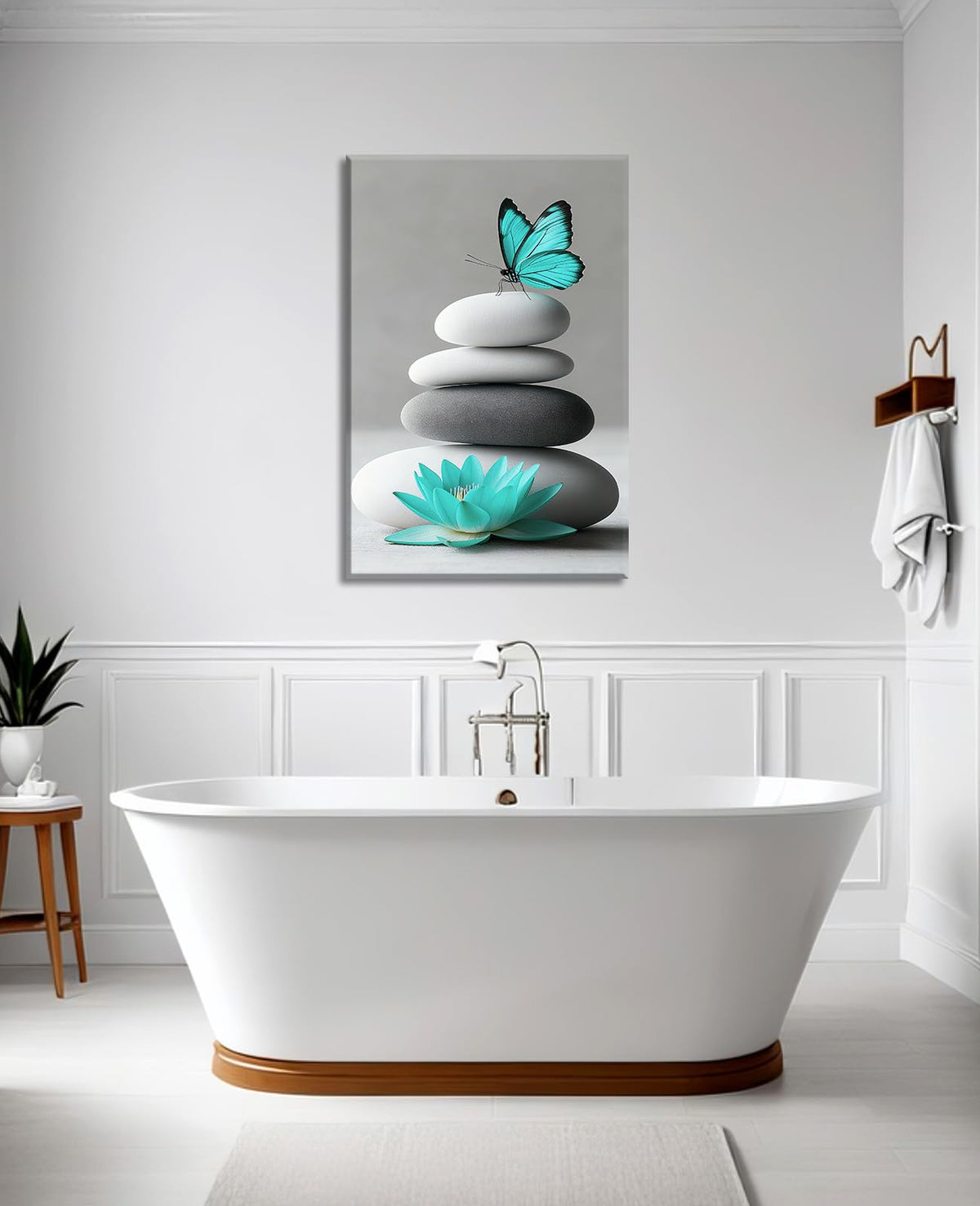 Zen Canvas Wall Art Lotus Decor Spa Stones and Butterfly Picture Water Lily Painting Teal Prints Meditation Artwork for Bathroom Spiritual Yoga Decor Framed (36"L x 24"W / E - Zen)