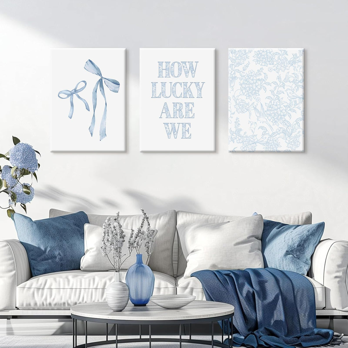 Light Blue Bow Floral Wall Art Preppy Coquette Canvas Wall Decor Aesthetic Trendy Poster Blue Bow Picture Chinoiserie Flower Painting How Lucky Are We Prints for Dorm 12x16 Inch Ready to Hang Set of 3 (Blue Bow Art / 12x16 Inch Wrapped Canvas)