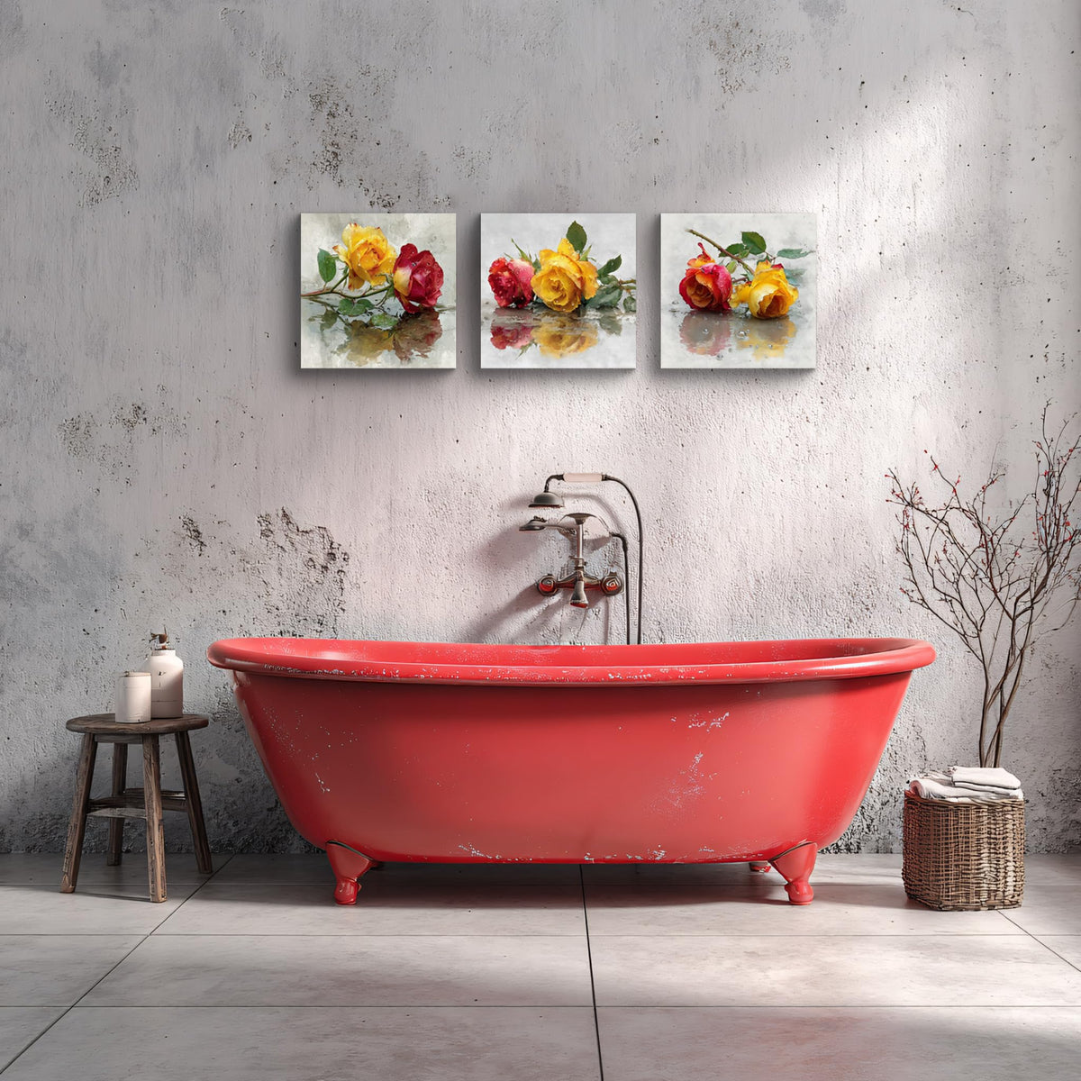 3Pcs Watercolor Rose Canvas Wall Art Yellow and Red Flowers Botanical Floral Painting with Dew Drops Romantic Nature Artwork Elegant Home Decor for Living Room Bedroom Dining Room Office (14 x 14 inches (3-Piece Set) / Yellow & Red Rose)