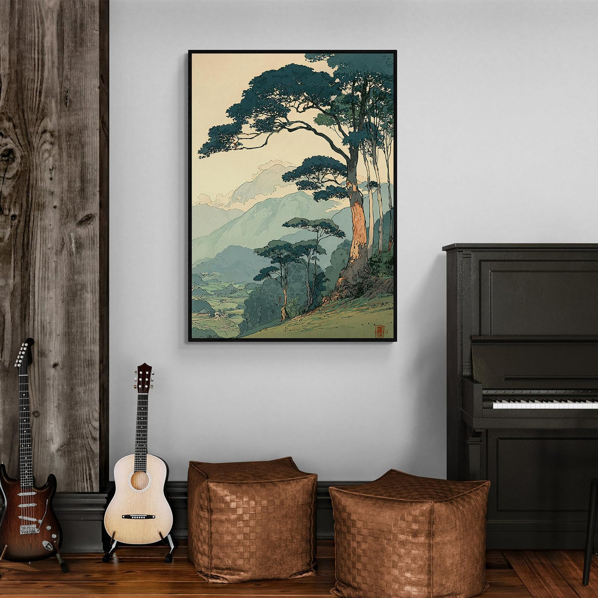 Japanese Forest Black Framed Wall Art Asian Tranquil Mountain Landscape Posters 24x36 inch Vintage Nature Tree Scene Prints Modern Ukiyo (Black Framed / Japanese Prints / 36"L x 24"W)