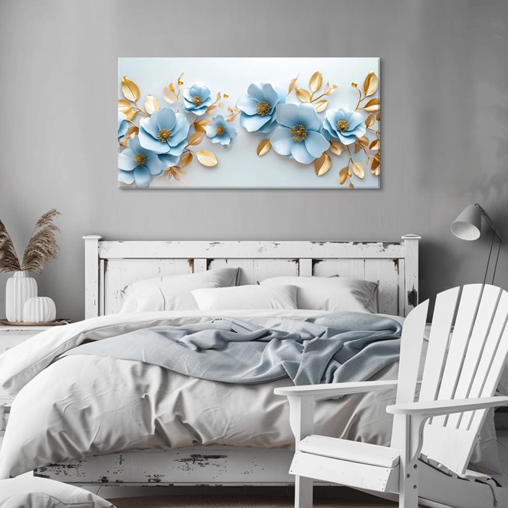 Aqua Blue Flower Wall Art for Living Room Canvas Painting Prints Pretty Floral Modern Nature Gold Elegant Artwork Office Bedroom Girls Room Decor Extra Large (58L" x 28W" / Gold and Blue Wall Art(k830))