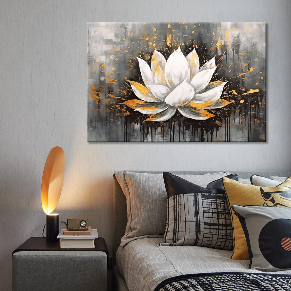 Zen Flower Wall Painting Decor White Golden Lotus Flower Print Picture Abstract Flower Artwork for Home Living Room Decoration Framed Gallery Wrapped (Lotus 05 / 18"L x 12"W)