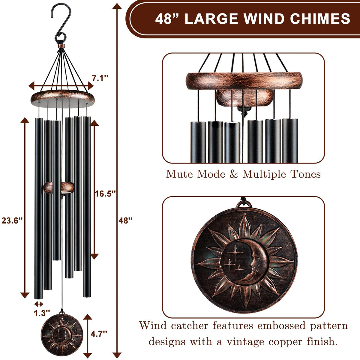 48" Large Wind Chimes for Outside (48" Sun Moon Star)