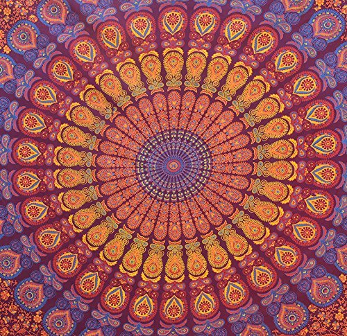 Hippie Mandala Tapestry Wall Hanging (60"L x 54"W / Maroon Yellow)