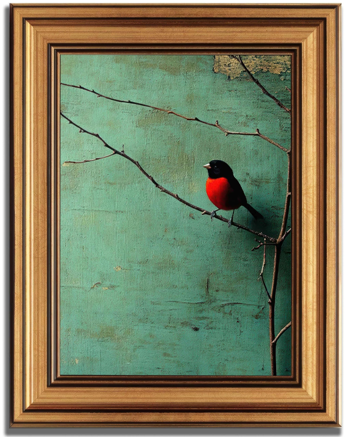 Red Bellied Bird Canvas Wall Art Framed Blue Green Sparrow Crow Decor Picture Vintage Rural Pastoral Bird Bedroom Living Poster Prints for Study Office Corridor Room Home Decoration (bird / 24"L x 16"W)