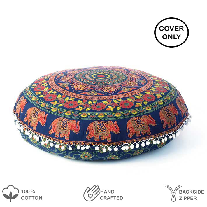 Mandala Floor Pillow Cover Meditation Cushion Seating Throw Hippie Round Colorful Decorative Bohemian Indian Pouf Ottoman Handmade Cover ONLY (32" x 32" (Pack of 1) / M1 Dark Blue-2)