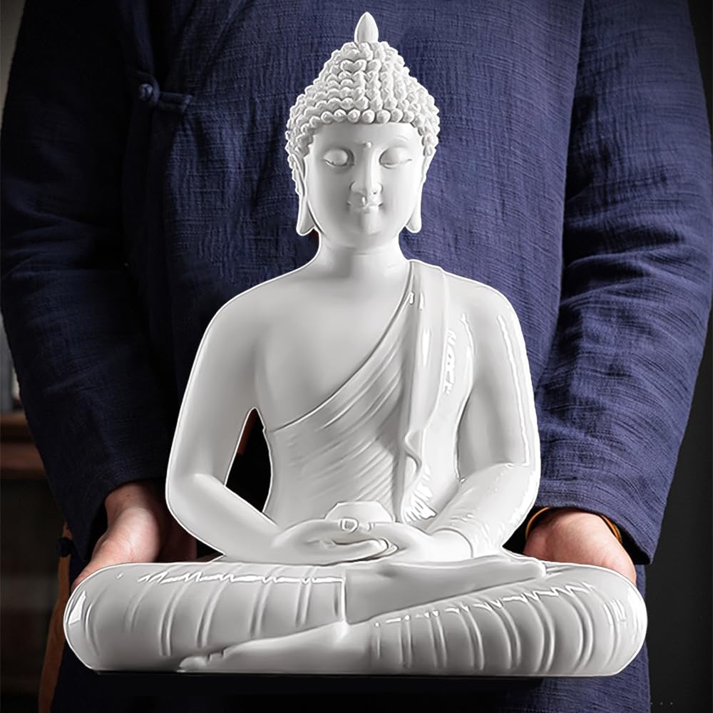 17.7" Shakyamuni Buddha Statue White Ceramic Home Decor (White / 17.7INCH)